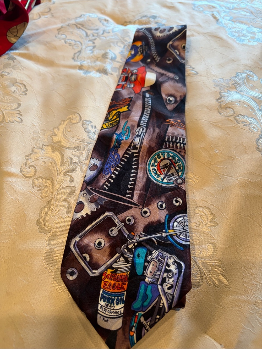 Nicole Miller Brown Novelty Motorcycle Print Tie with Multicolor Accents